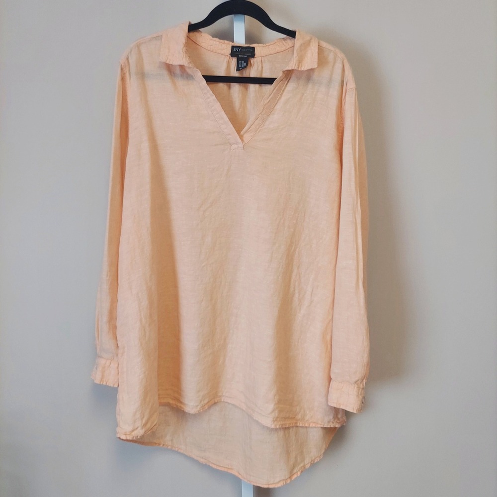 Jones New York 2X Linen Tunic Top V-Neck Roll‎ Tab Sleeve Peach Travel Beach